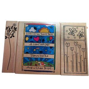 Wood-Mounted Rubber Stamp Trio - Floral Inspirational & Tulip Designs - Crafty F